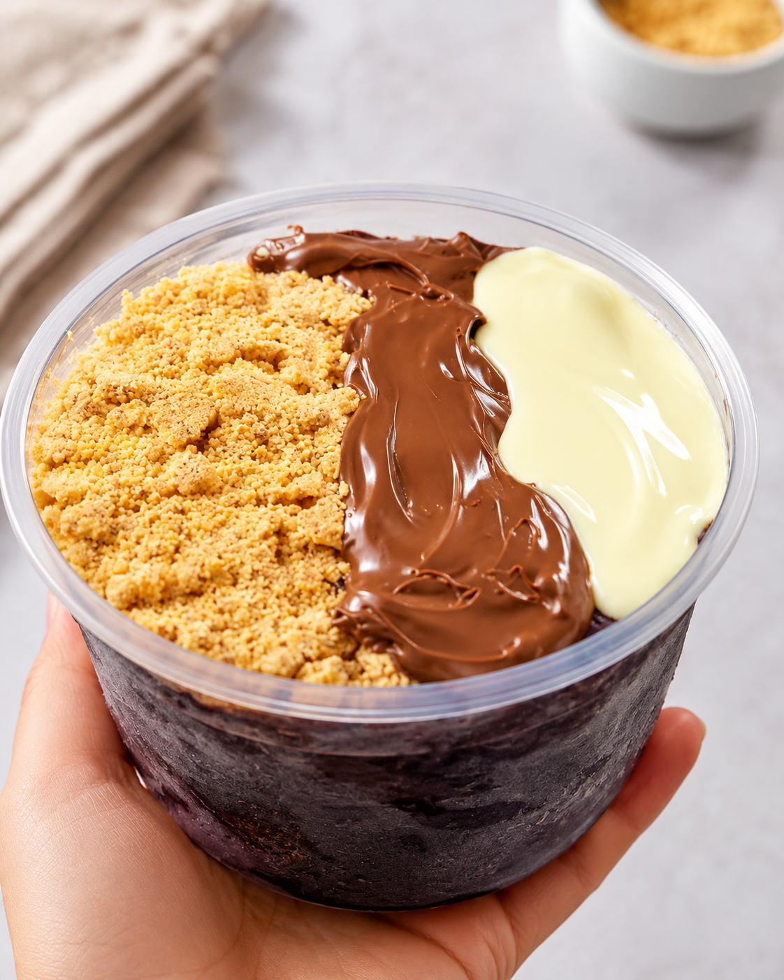 Açaí no copo com paçoca, creme de chocolate e creme branco